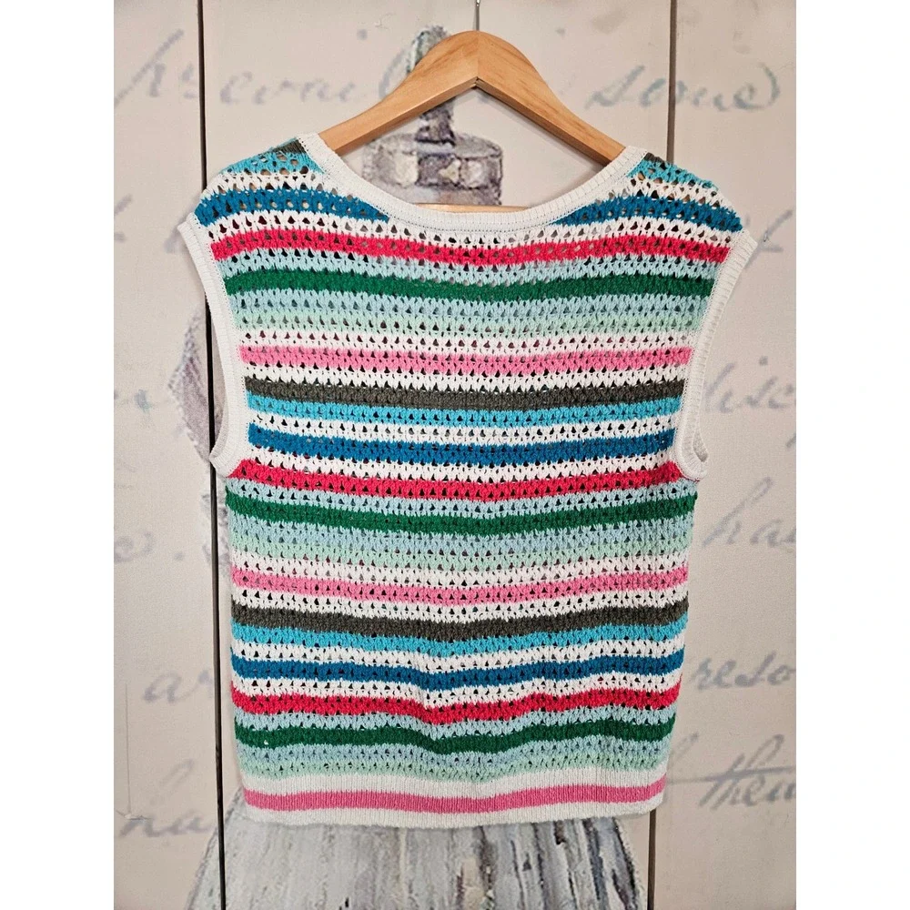 Talbots Crochet Sweater Vest SP Multicolor Striped Open Knit Coastal Preppy